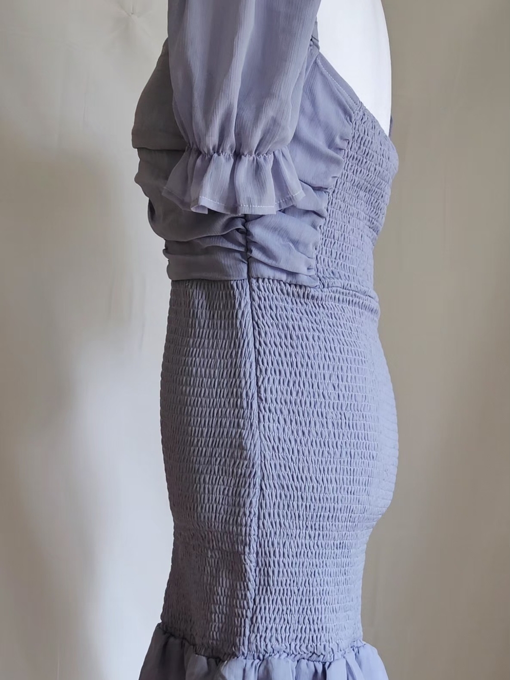 SHE + SKY Periwinkle Blue Smocked Bodycon Mini Dress Chiffon Ruched Bust Size S - Picture 7 of 15